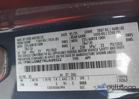 2024 Ford Escape St Line z USA, uszkodzony, nr VIN 1FMCU0MZ7RUA98522